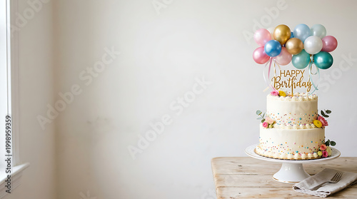 Colorful birthday cake with balloons on a wooden table