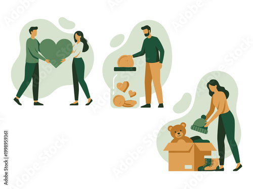 Charity and Donation Concept Vector Illustrations with People Giving Money, Clothes, Toys, and Support for Community Welfare