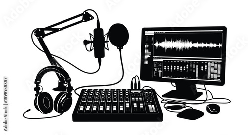 Podcast recording setup with microphone headphones computer and mixer in black silhouette high quality professional detailed modern elegant stylish clean crisp vibrant colorful