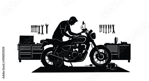 Fotografi Motorcycle mechanic working on a cafe racer motorcycle in a workshop black and w