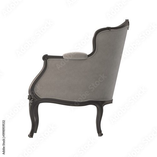 Elegant grey velvet armchair with ornate dark wood frame and cabriole legs