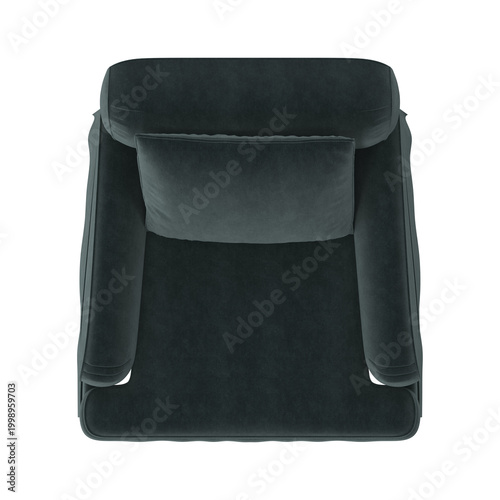 Plush dark teal armchair with a comfortable lumbar pillow, viewed from above