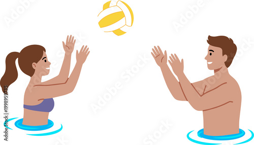 Happy Couple Playing Water Volleyball Vector Illustration