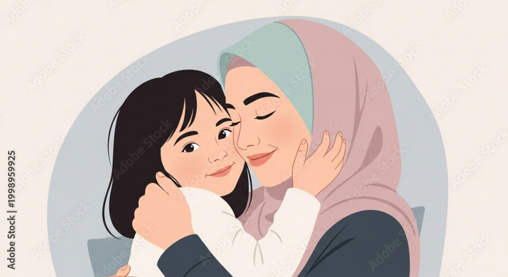 Obraz premium Mother and daughter hugging Muslim family love illustration for greeting cards and childrens books