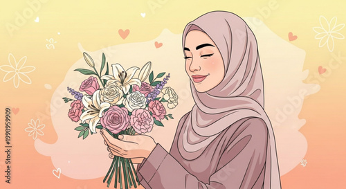 Muslim woman in hijab holding a bouquet of flowers celebrating love and beauty with a soft warm background perfect for greeting cards and romantic th