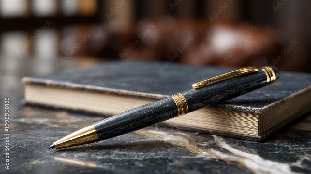 Naklejka premium Elegant black pen resting on a leather-bound notebook atop a polished marble surface in a cozy office setting