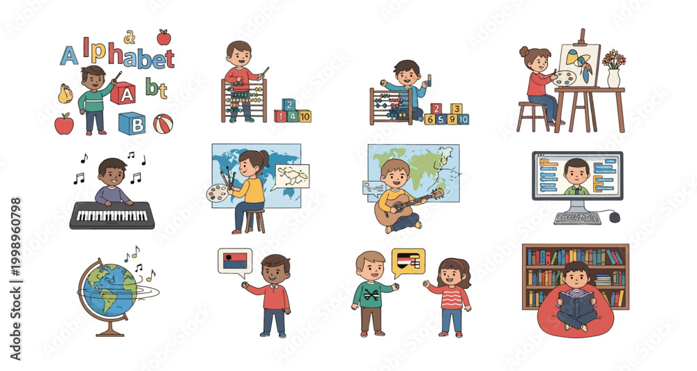 Naklejka premium children learning activities illustrations on transparent background