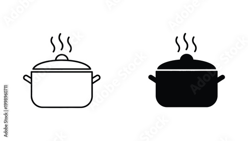 Cooking pot with steam vector icon set in clean outline and solid black silhouettes for kitchenware and culinary design projects