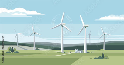A vast wind turbine farm stands on a grassy hill under a blue sky, utilizing green technology to generate renewable energy and clean electricity across the rural landscape