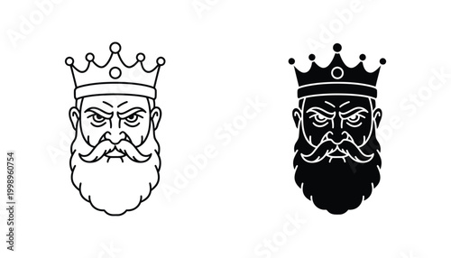 King head with crown vector icon set in outline and solid black styles for royal leadership and medieval character design concepts