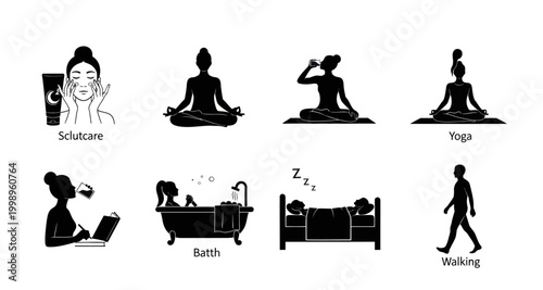 set of wellness activity silhouettes on transparent background