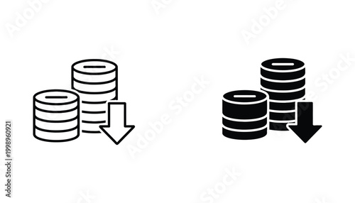 Financial loss or decreasing coins stack icon set featuring downward arrow in outline and solid vector styles for economic analysis reports
