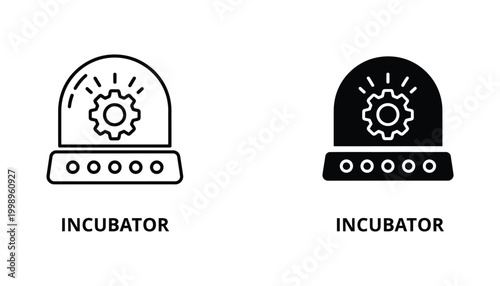 Business incubator concept icon showing gear symbol inside a dome in outline and solid vector designs for startup development and innovation