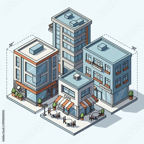 Modern buildings with people outside.