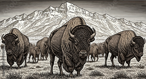 Illustration of a herd of American bison standing on grassland with mountain background.