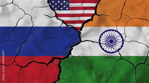 Cracked surface reveals flags of United States, Russia, and India divided, symbolizing geopolitical fractures, tension, and strained relations among major global powers in dramatic composition.