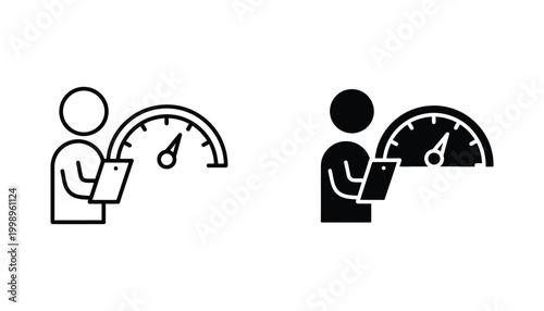 Person holding tablet with speedometer gauge icon representing fast internet connection speed test and performance monitoring in digital technology and network optimization vector illustration set