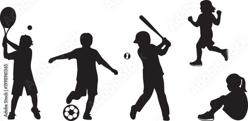 Big collection of happy children playing silhouettes vector illustration set with kids running jumping and having fun outdoors on white background