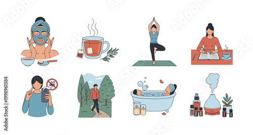 illustration set of wellness activities on transparent background