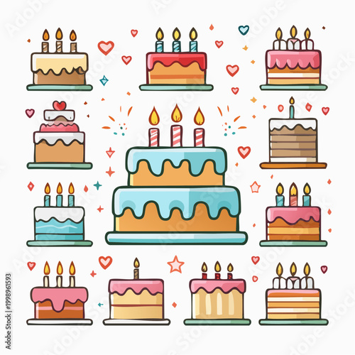 Array of eleven cakes with lit candles and scattered festive elements, occasion