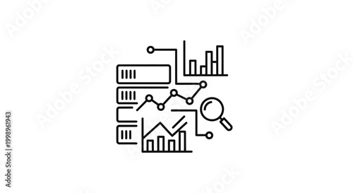 Data Analysis and Statistics Icon: Charts, Graphs, Magnifying Glass, Server