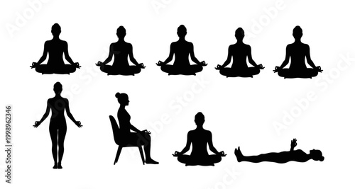 silhouettes of people meditating in various poses on transparent background