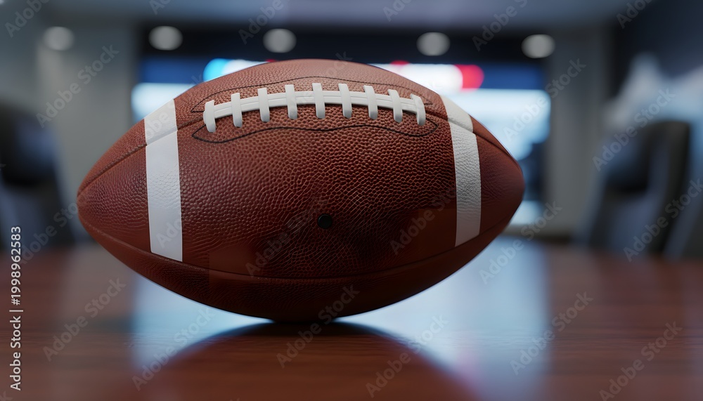 Fototapeta premium Color image of a professional usa football on a boardroom table for an nfl draft event concept, representing sports business strategy and recruitment decisions