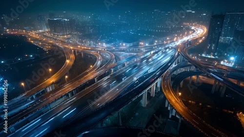 A mesmerizing time-lapse video showcases an intricate highway interchange at night, with a dynamic flow of traffic creating vibrant light trails, reflecting urban energy.