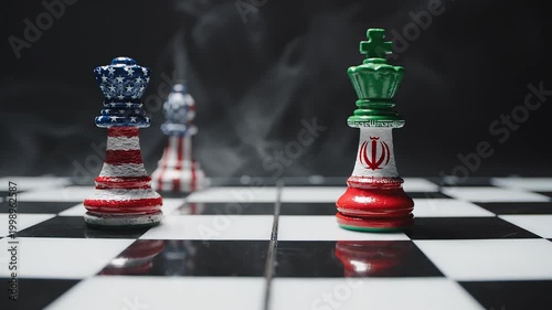 United States and Iran kings face each other on smoky chessboard, with American pawn behind, symbolizing strategic rivalry, power struggle, and geopolitical tension in dramatic atmosphere.