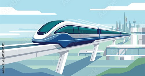 Fast transportation technology connects the city as a high speed train travels across the bridge and arrives at the railway station railroad hub near parked cars and urban traffic