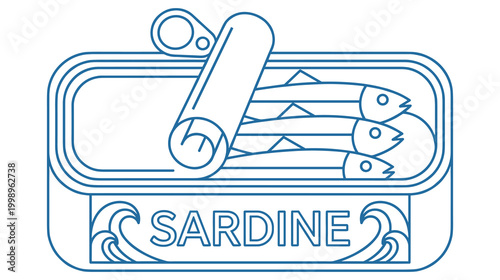 Line art illustration of an open sardine can with fish inside.