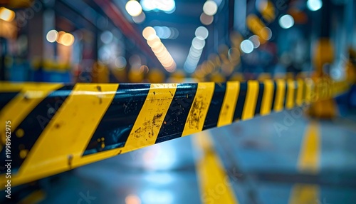 Vivid yellow and black striped safety barrier indicating caution and operational zones within a modern industrial manufacturing facility