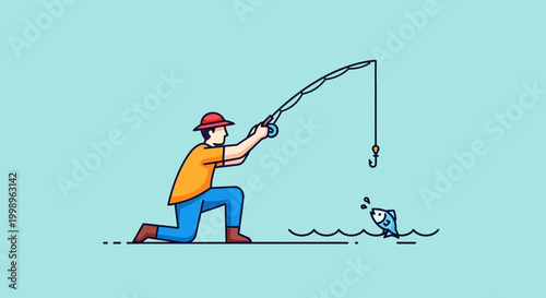 Fisherman Catching Fish with Fishing Rod on Blue Water