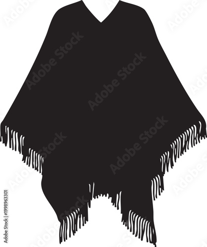 Black poncho with fringe trim