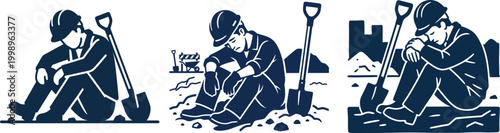 Exhausted construction worker vector illustration set for burnout mental health awareness and business concepts