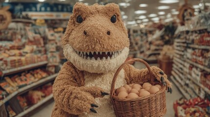 Person wearing dinosaur costume holding basket of eggs in grocery store, humorous moment