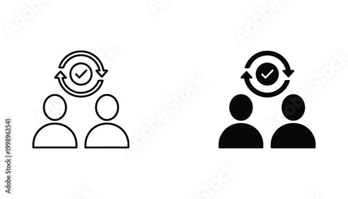 User approval and verified status icon set featuring outline and solid black silhouette graphics for team management or project completion status markers