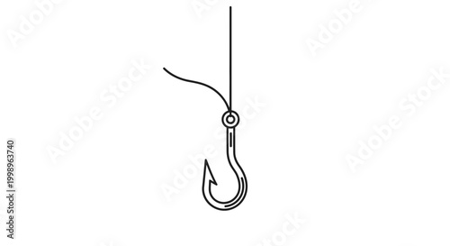Fishing hook with line hanging, simple illustration, isolated on white background