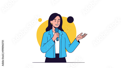 Young professional woman in a blue jacket speaking confidently into a microphone against an abstract yellow background.
