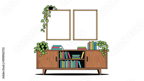 Modern wooden sideboard featuring neatly organized books, potted plants, and two large blank picture frames hanging on the wall.
