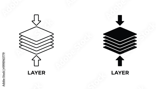Layer stack icon set with compression arrows in flat black and white minimalist graphic style for digital design elements and user interface layout concepts