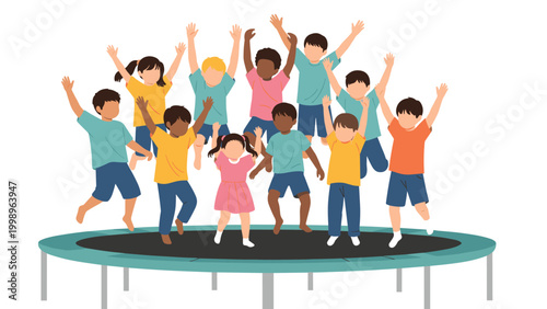 Diverse group of happy children in colorful clothing jumping and cheering together on a large outdoor garden trampoline.