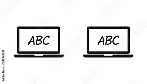 Laptop computer screen with abc text flat vector icon set showing educational display in outline and solid black silhouette styles for school and learning themes