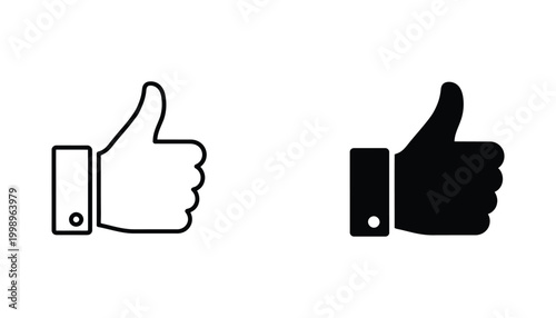 Thumbs up social media engagement icon in outline and solid black vector style for digital interaction and user feedback design elements