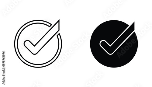 Checkmark inside a circle icon for task completion and approval validation in clean outline and solid black vector design styles