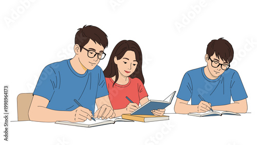 Group of three young students concentrating on their studies while writing in notebooks at their desks in a library or classroom.