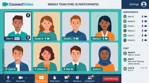 Diverse team members in video conference.