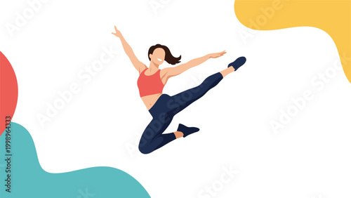 Energetic woman performs a high jump or dance move in athletic wear against a background of colorful abstract shapes.