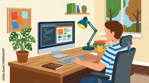 Man working on computer at desk.