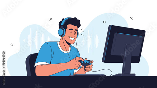 Enthusiastic gamer wearing headphones and using a controller while playing an exciting video game on a desktop computer monitor with sound waves.
